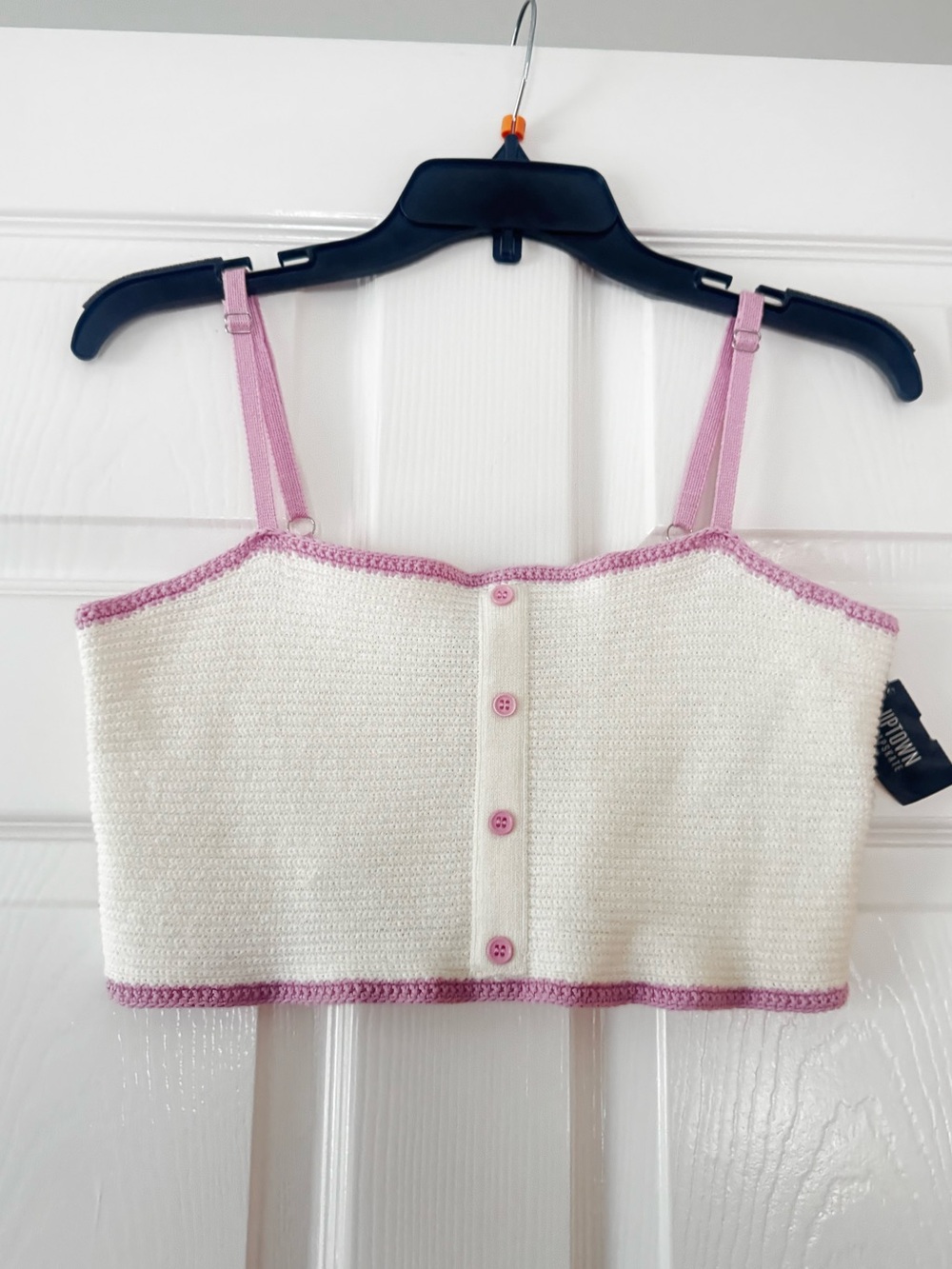 Crochet crop top white with baby pink trim